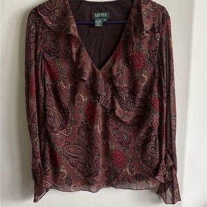 Lauren Ralph Lauren Burgundy and Brown Paisley Ruffle Blouse 16
